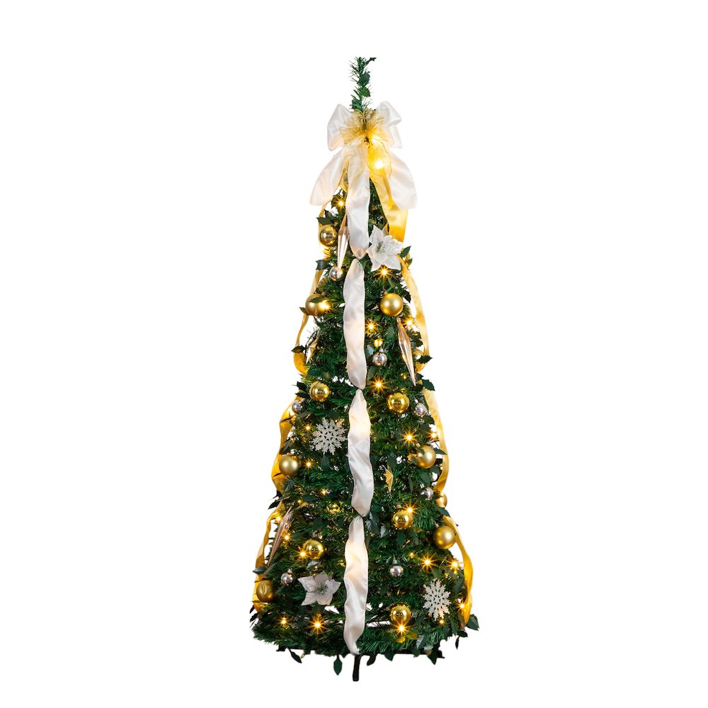 5ft. Pre-Lit Artificial Pop up Christmas Tree with Gold & Silver Ornaments. Picture 2