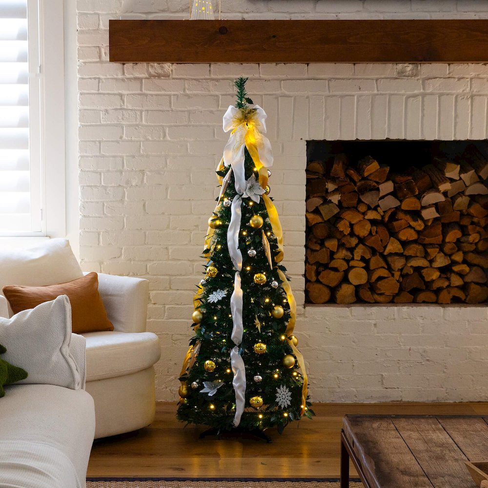 5ft. Pre-Lit Artificial Pop up Christmas Tree with Gold & Silver Ornaments. Picture 3
