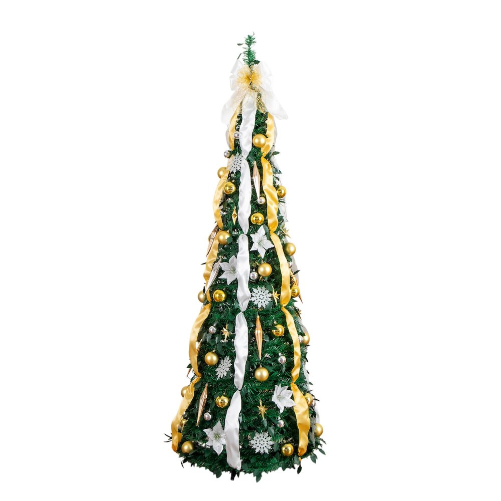 6ft Pre-Lit Artificial Pop up Christmas Tree with Gold &Silver Ornaments,Ribbons. Picture 7