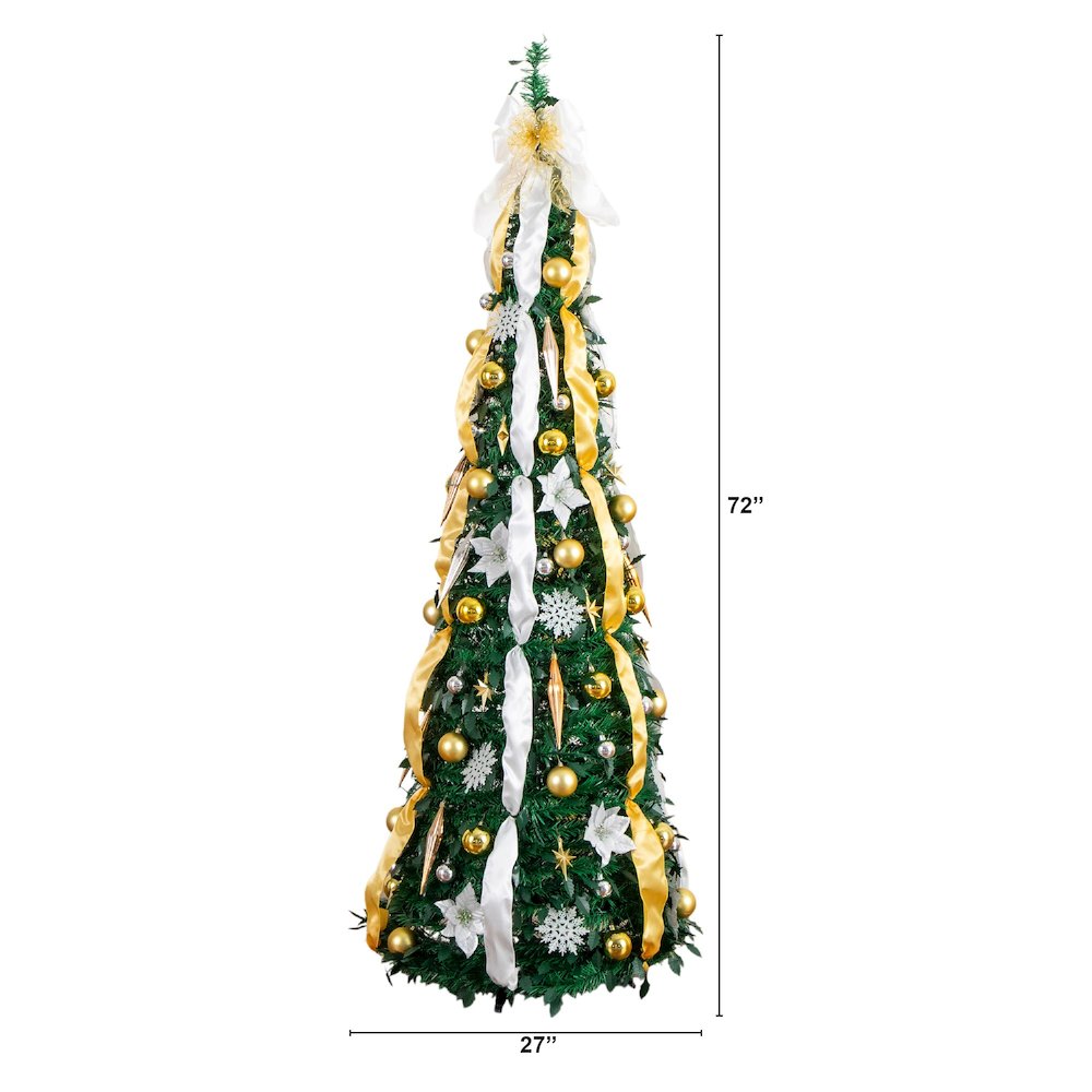 6ft Pre-Lit Artificial Pop up Christmas Tree with Gold &Silver Ornaments,Ribbons. Picture 1