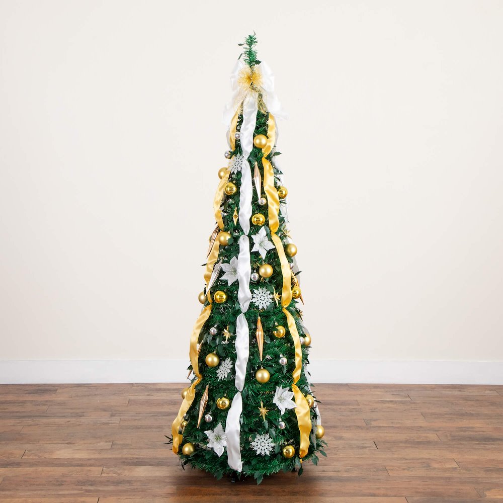 6ft Pre-Lit Artificial Pop up Christmas Tree with Gold &Silver Ornaments,Ribbons. Picture 11