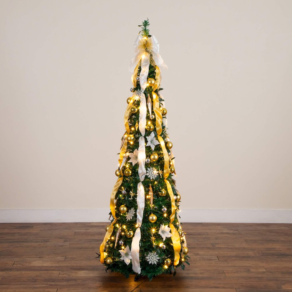 6ft Pre-Lit Artificial Pop up Christmas Tree with Gold &Silver Ornaments,Ribbons. Picture 8
