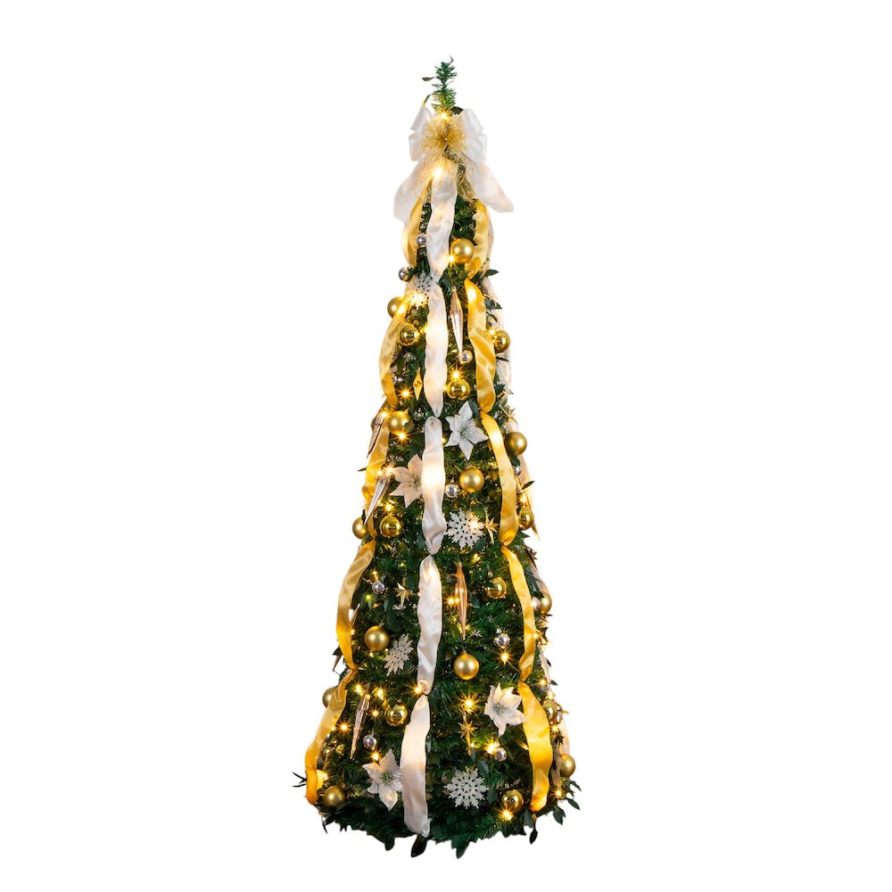 6ft Pre-Lit Artificial Pop up Christmas Tree with Gold &Silver Ornaments,Ribbons. Picture 2