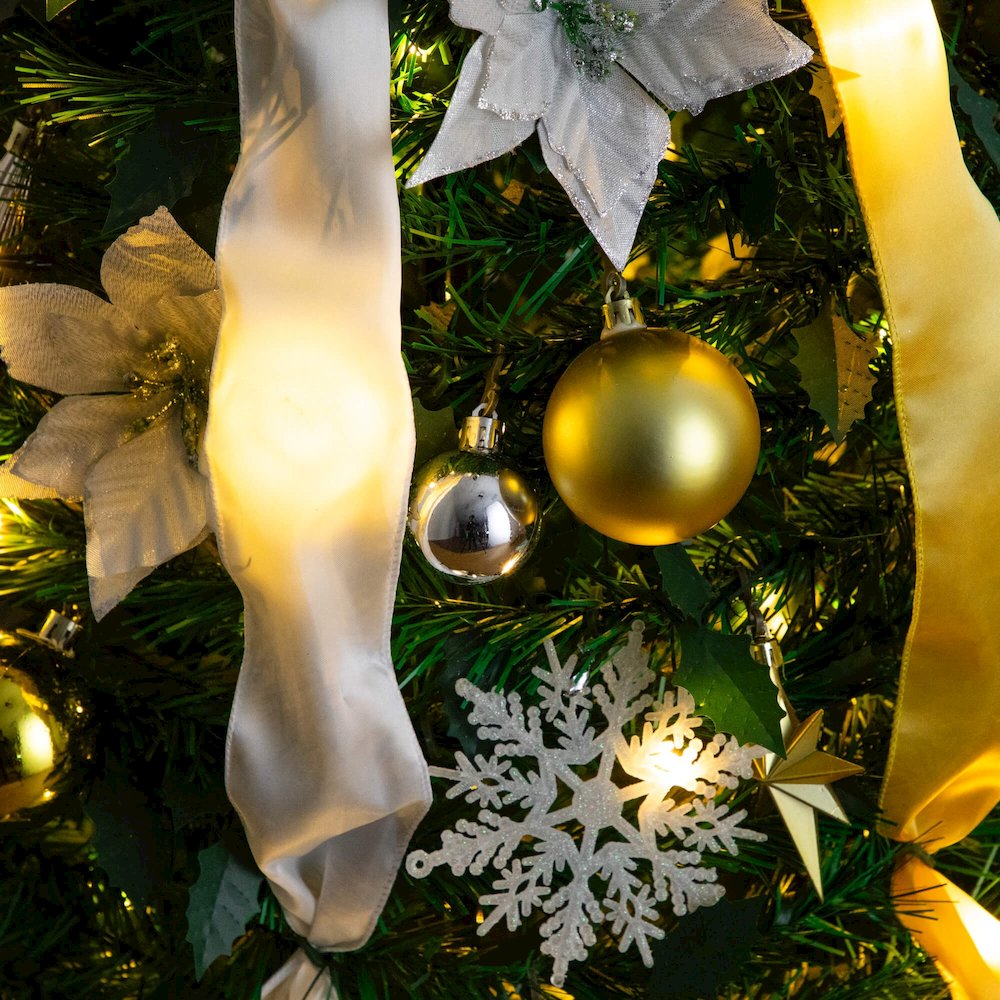 6ft Pre-Lit Artificial Pop up Christmas Tree with Gold &Silver Ornaments,Ribbons. Picture 13