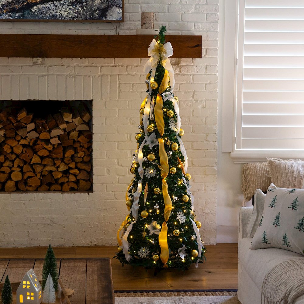 6ft Pre-Lit Artificial Pop up Christmas Tree with Gold &Silver Ornaments,Ribbons. Picture 6