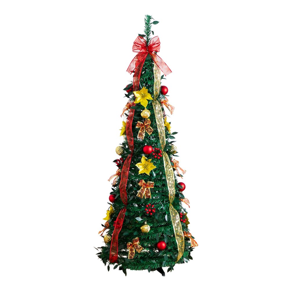 5ft. Pre-Lit Artificial Pop up Christmas Tree with Red & Gold Ornaments, Ribbons. Picture 1