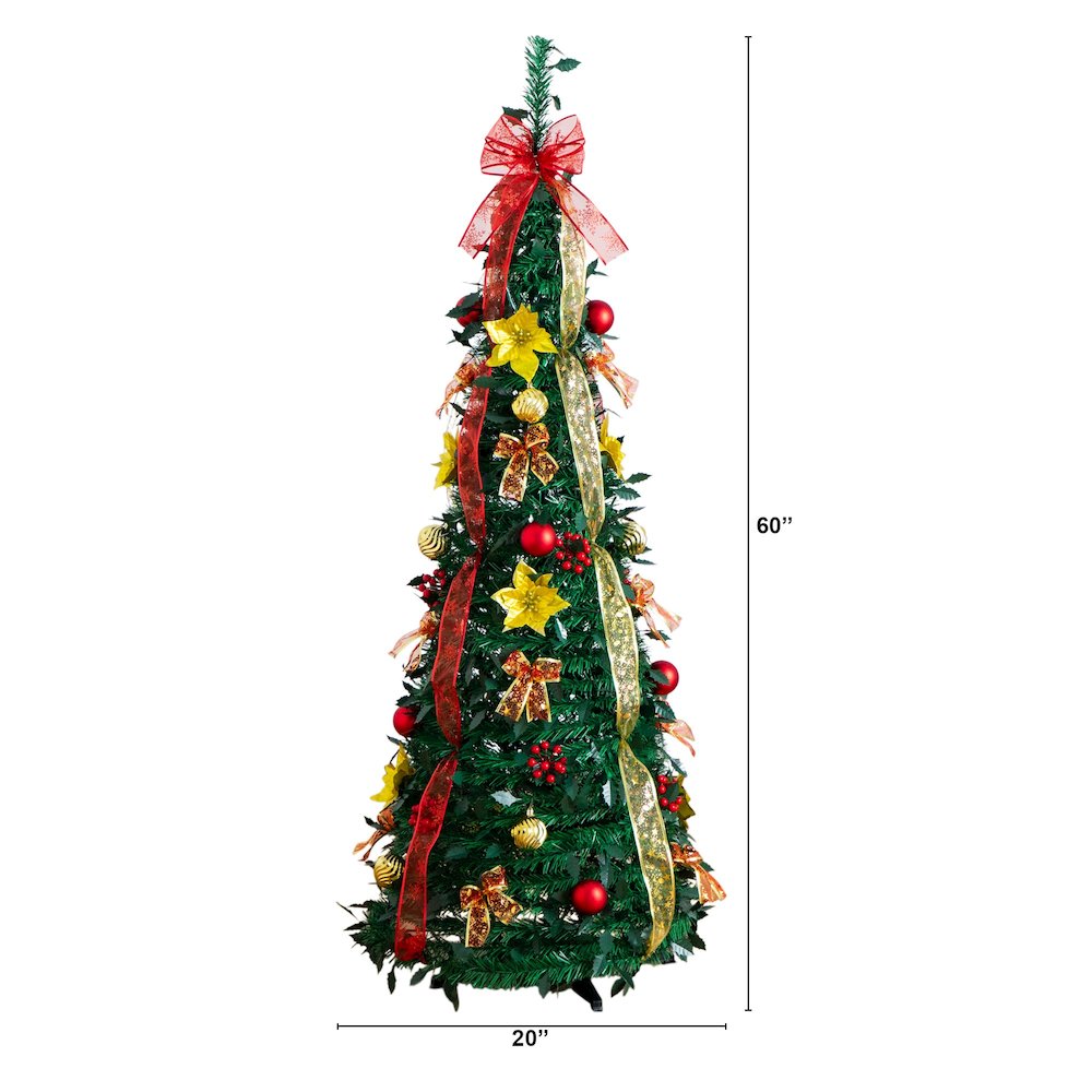 5ft. Pre-Lit Artificial Pop up Christmas Tree with Red & Gold Ornaments, Ribbons. Picture 8