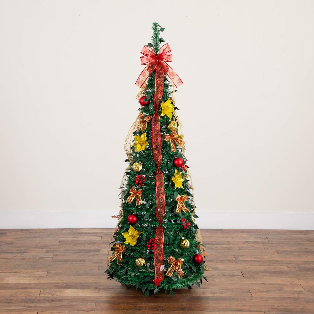 5ft. Pre-Lit Artificial Pop up Christmas Tree with Red & Gold Ornaments, Ribbons. Picture 4