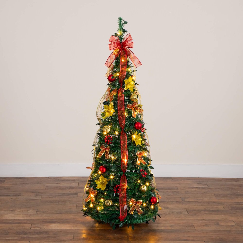 5ft. Pre-Lit Artificial Pop up Christmas Tree with Red & Gold Ornaments, Ribbons. Picture 5