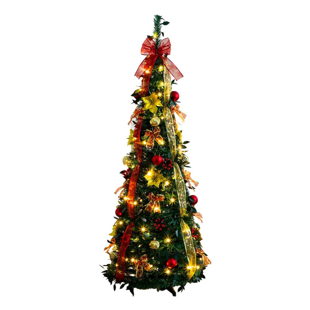 5ft. Pre-Lit Artificial Pop up Christmas Tree with Red & Gold Ornaments, Ribbons. Picture 2