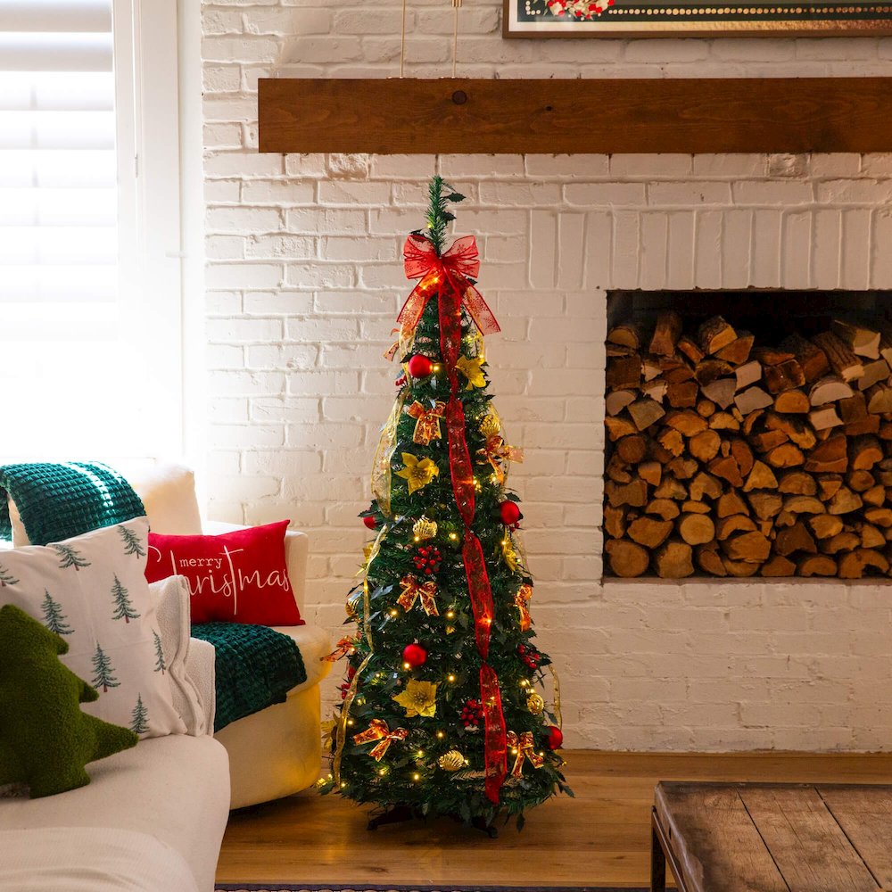 5ft. Pre-Lit Artificial Pop up Christmas Tree with Red & Gold Ornaments, Ribbons. Picture 3