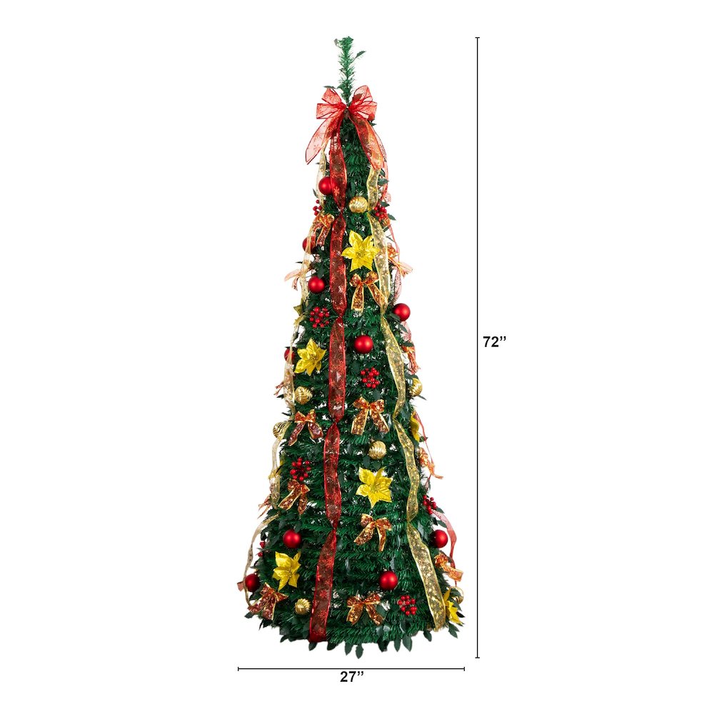 6ft. Pre-Lit Artificial Pop up Christmas Tree with Red & Gold Ornaments, Ribbons. Picture 5