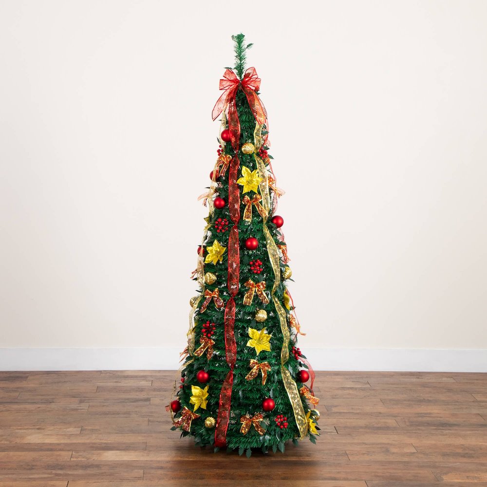 6ft. Pre-Lit Artificial Pop up Christmas Tree with Red & Gold Ornaments, Ribbons. Picture 6