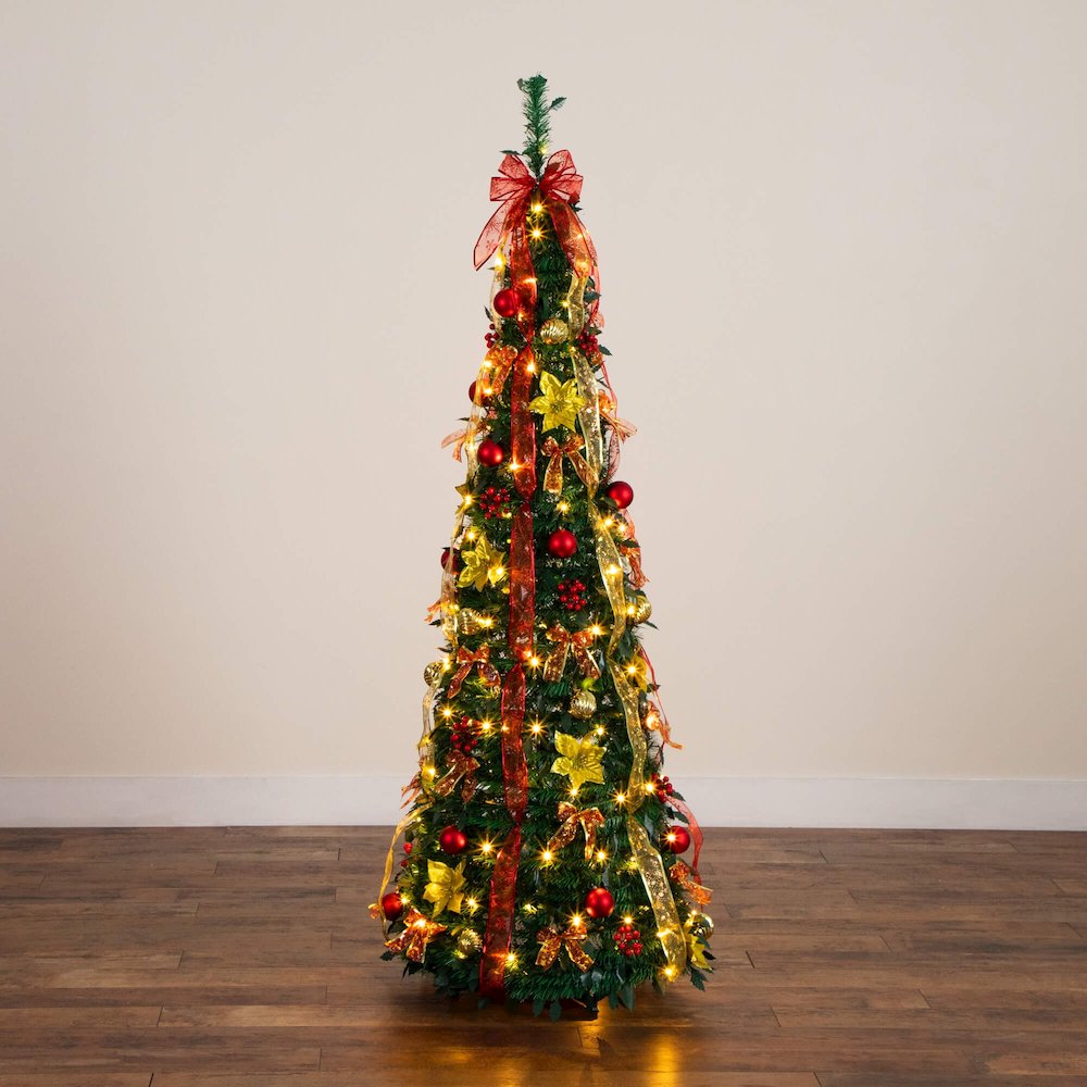 6ft. Pre-Lit Artificial Pop up Christmas Tree with Red & Gold Ornaments, Ribbons. Picture 14