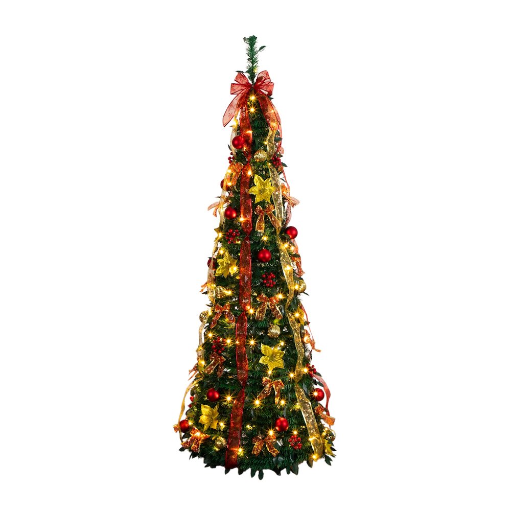 6ft. Pre-Lit Artificial Pop up Christmas Tree with Red & Gold Ornaments, Ribbons. Picture 1