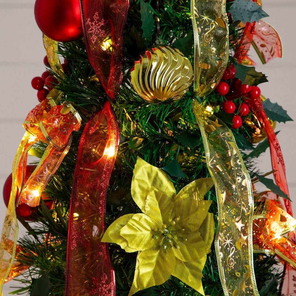 6ft. Pre-Lit Artificial Pop up Christmas Tree with Red & Gold Ornaments, Ribbons. Picture 8