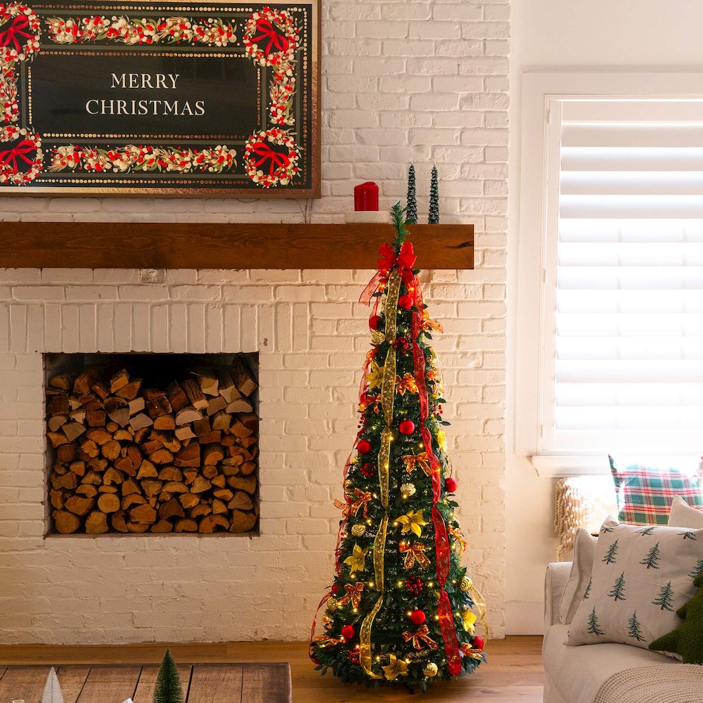 6ft. Pre-Lit Artificial Pop up Christmas Tree with Red & Gold Ornaments, Ribbons. Picture 10