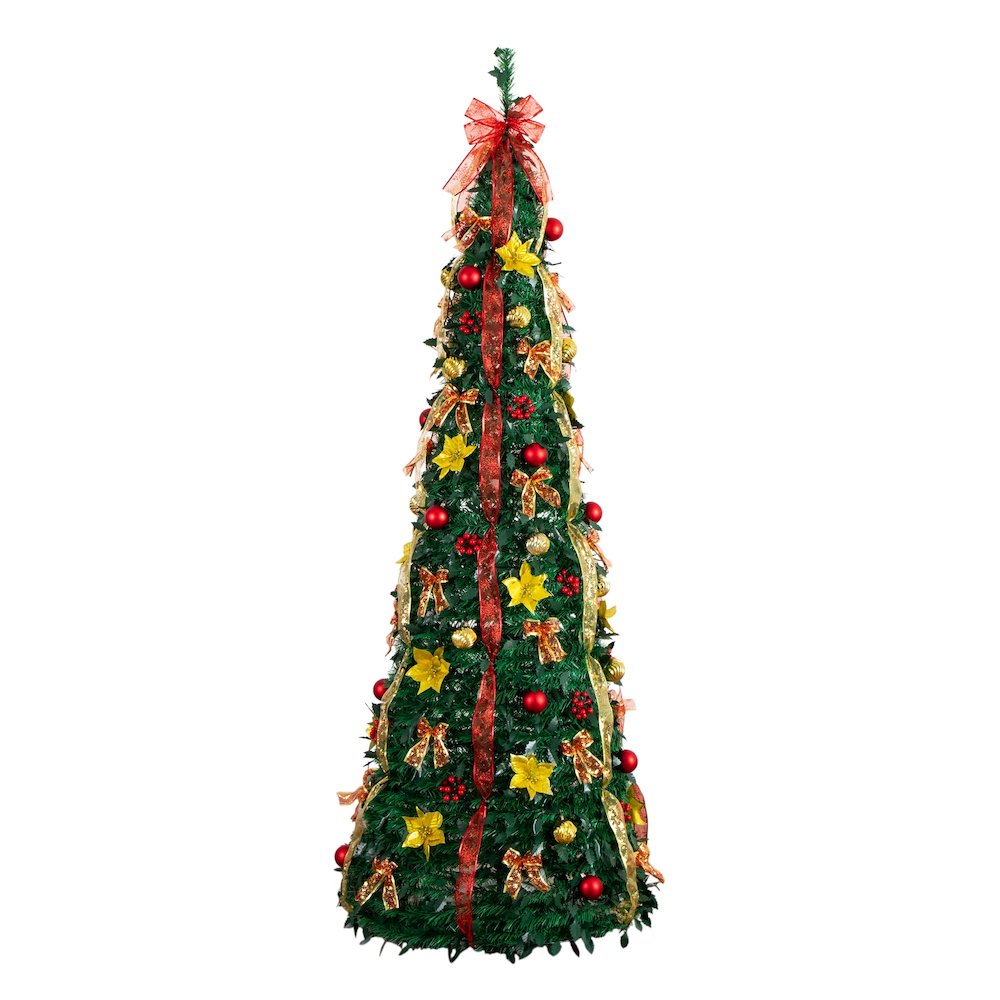 7ft. Pre-Lit Artificial Pop up Christmas Tree with Red & Gold Ornaments, Ribbons. Picture 1