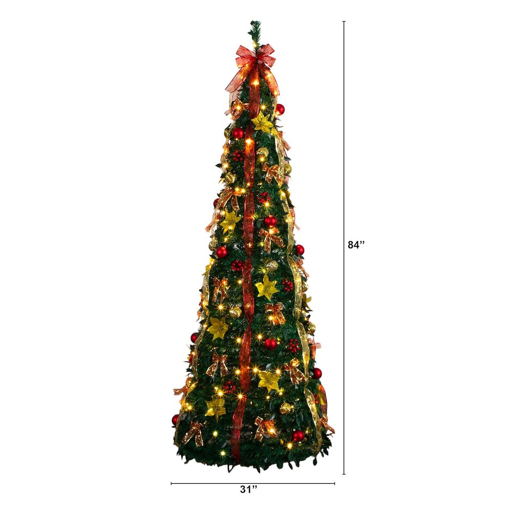 7ft. Pre-Lit Artificial Pop up Christmas Tree with Red & Gold Ornaments, Ribbons. Picture 10