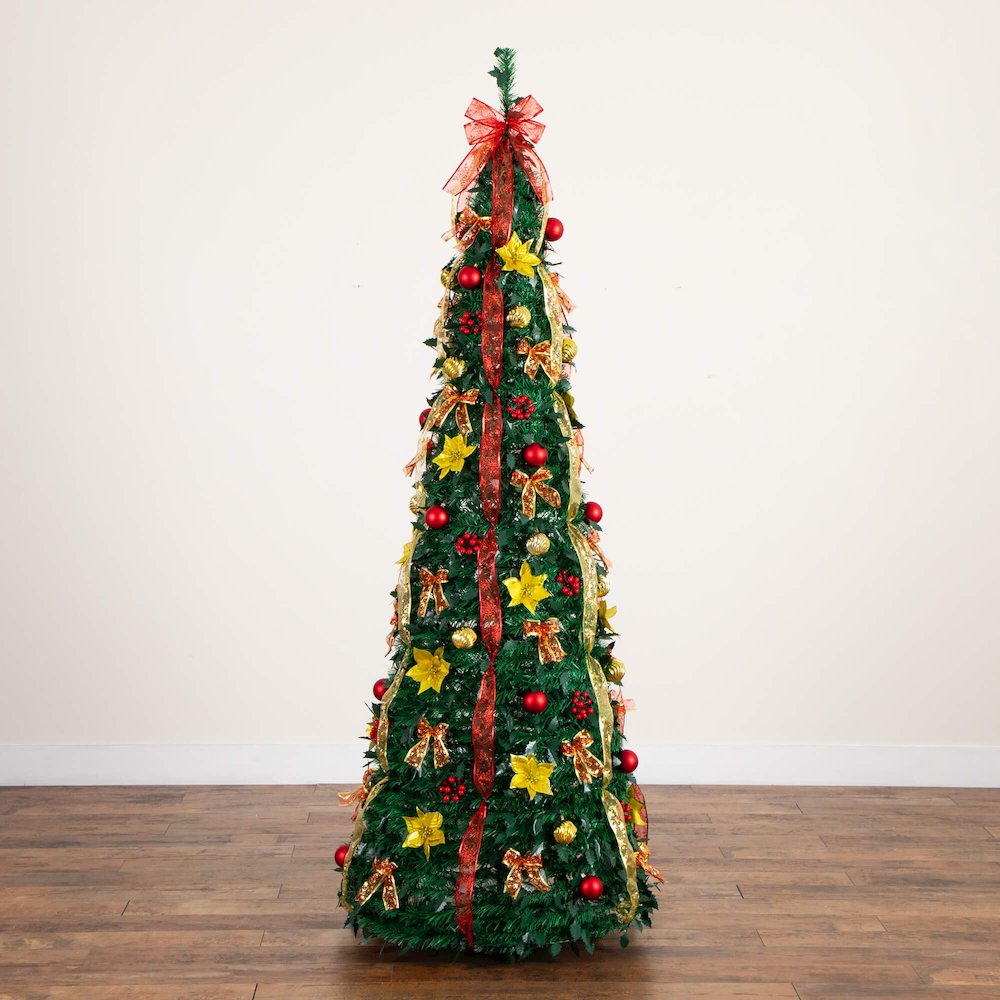 7ft. Pre-Lit Artificial Pop up Christmas Tree with Red & Gold Ornaments, Ribbons. Picture 7