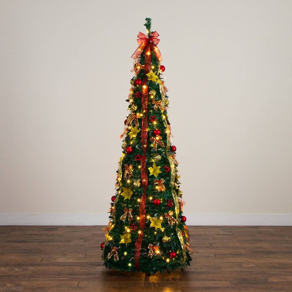 7ft. Pre-Lit Artificial Pop up Christmas Tree with Red & Gold Ornaments, Ribbons. Picture 3