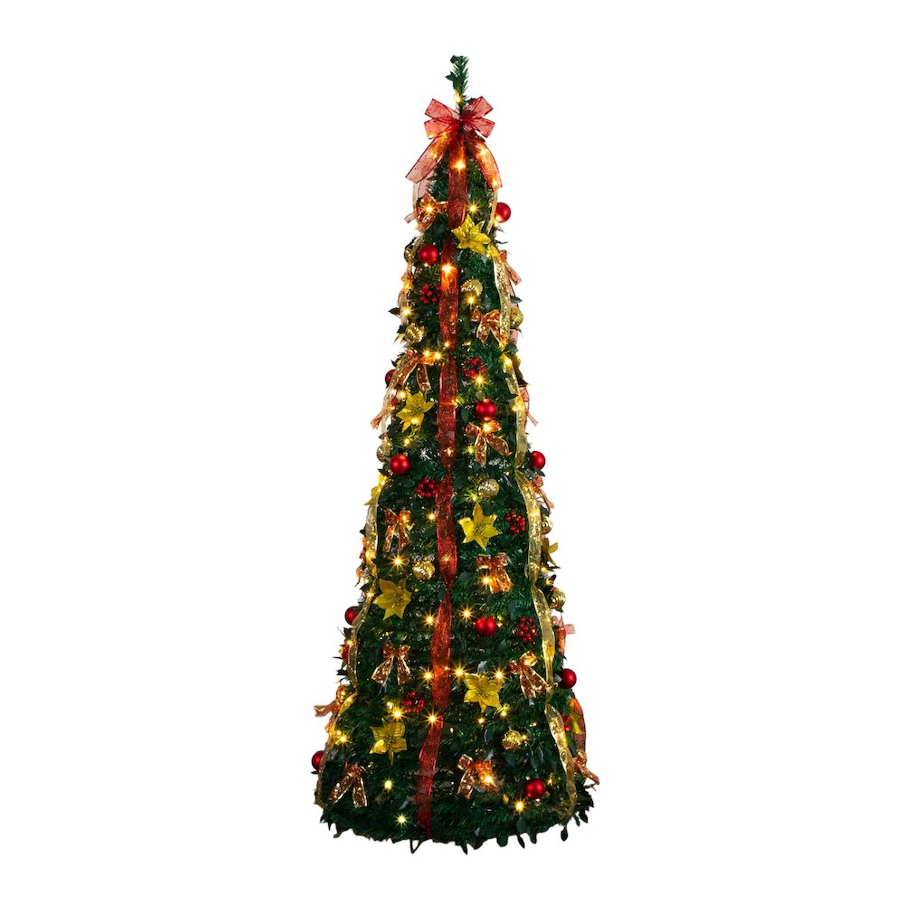 7ft. Pre-Lit Artificial Pop up Christmas Tree with Red & Gold Ornaments, Ribbons. Picture 13