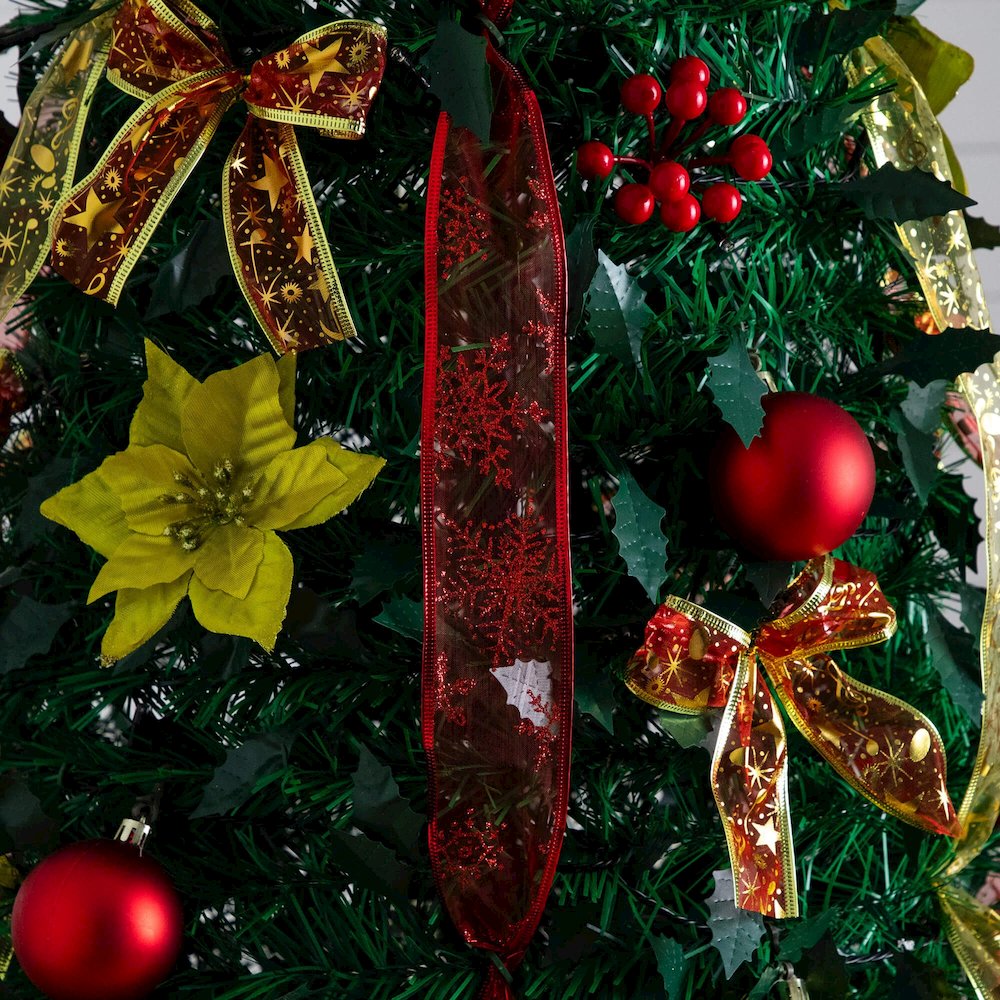 7ft. Pre-Lit Artificial Pop up Christmas Tree with Red & Gold Ornaments, Ribbons. Picture 4