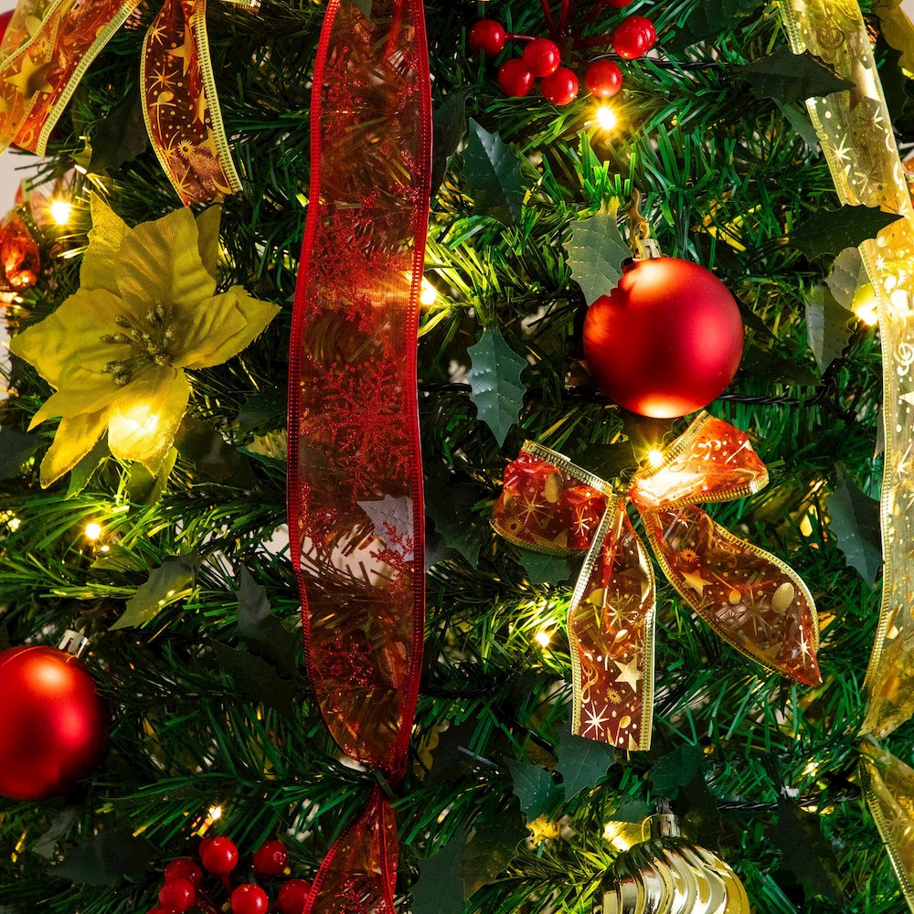 7ft. Pre-Lit Artificial Pop up Christmas Tree with Red & Gold Ornaments, Ribbons. Picture 5