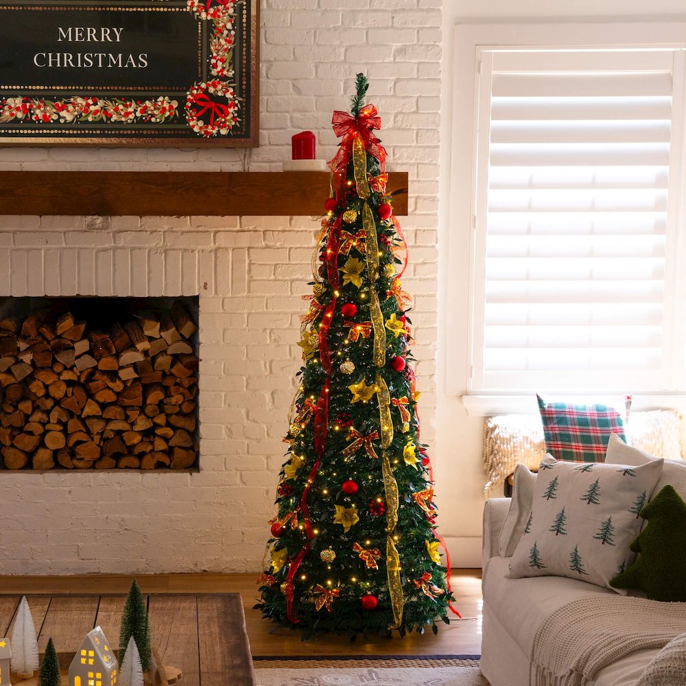 7ft. Pre-Lit Artificial Pop up Christmas Tree with Red & Gold Ornaments, Ribbons. Picture 2