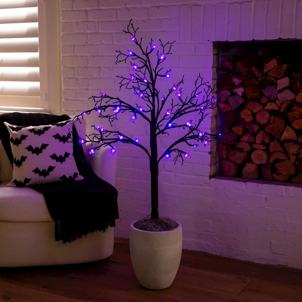 4ft. Pre-Lit Artificial Halloween Spider Twig Tree with 48 Purple LED Lights. Picture 7