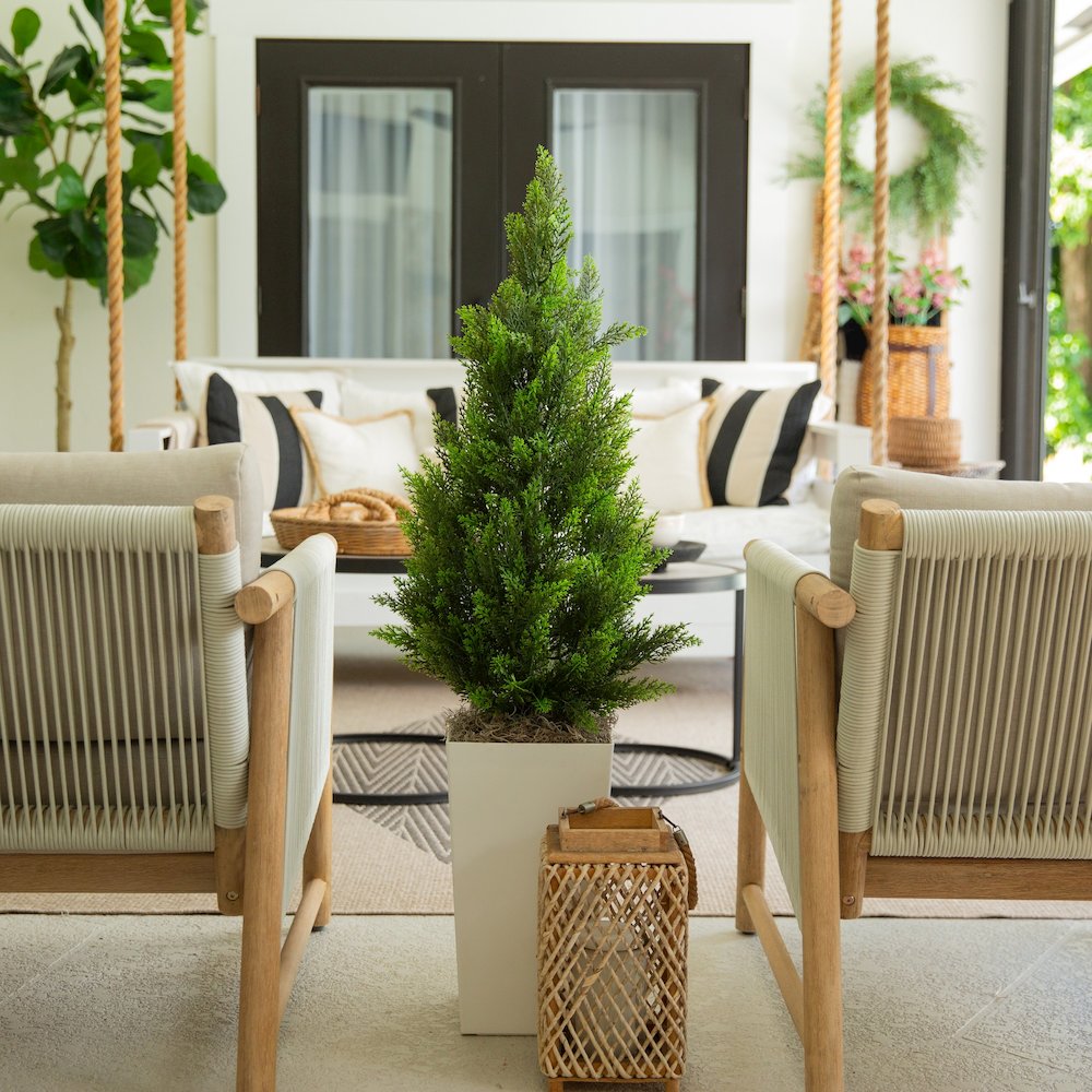 45in. UV Resistant Artificial Cedar Tree in White Tower Planter (Indoor/Outdoor). Picture 9