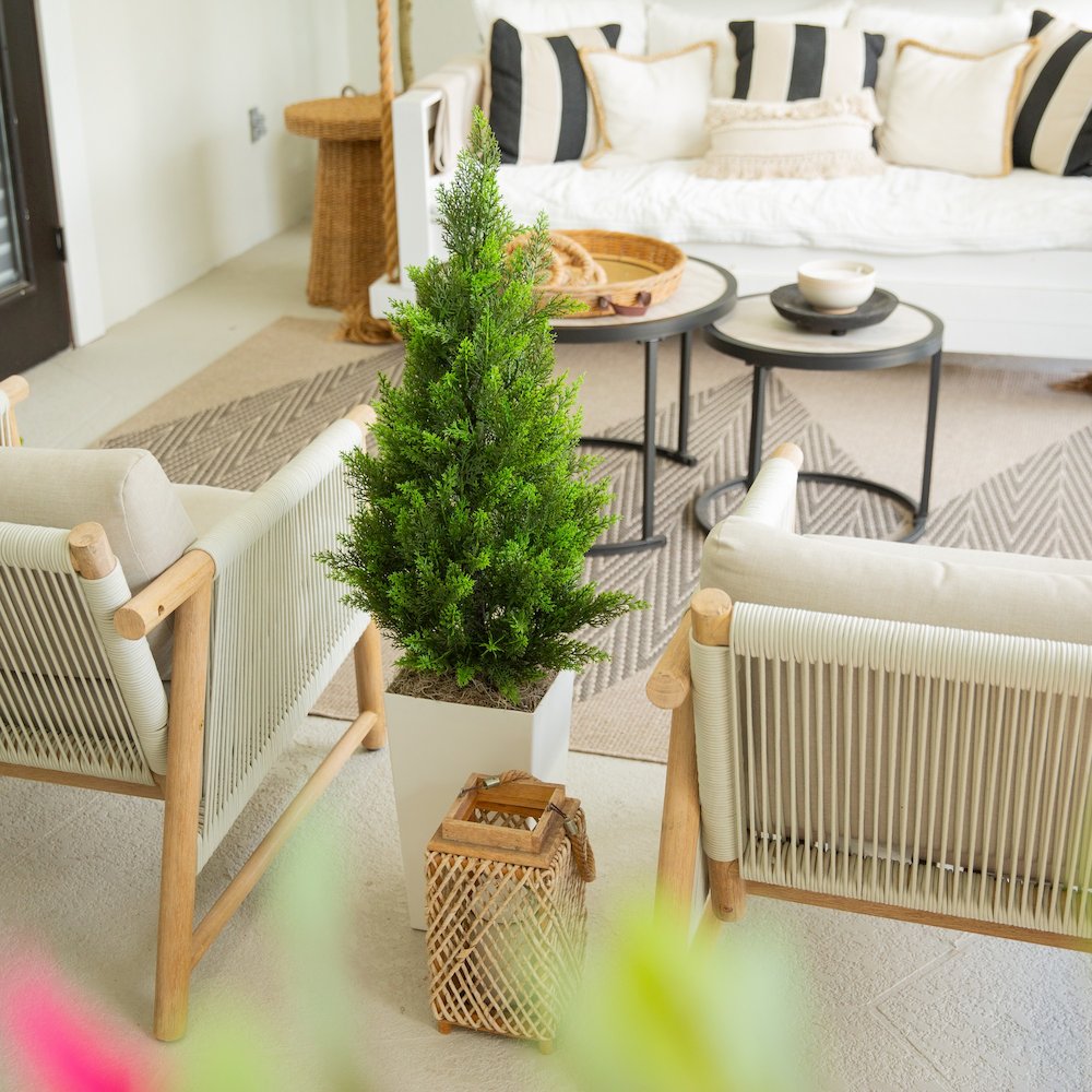 45in. UV Resistant Artificial Cedar Tree in White Tower Planter (Indoor/Outdoor). Picture 10