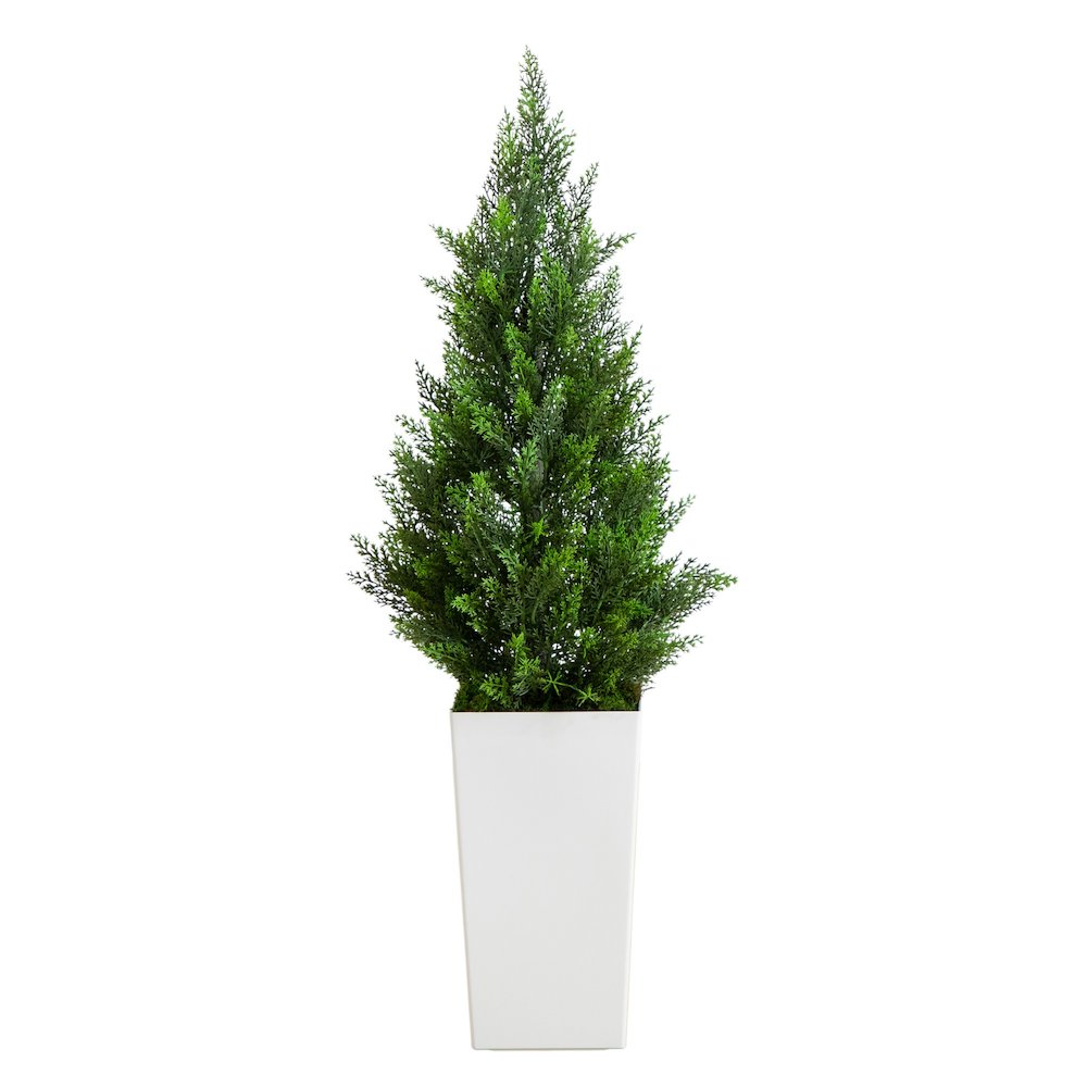 45in. UV Resistant Artificial Cedar Tree in White Tower Planter (Indoor/Outdoor). Picture 1