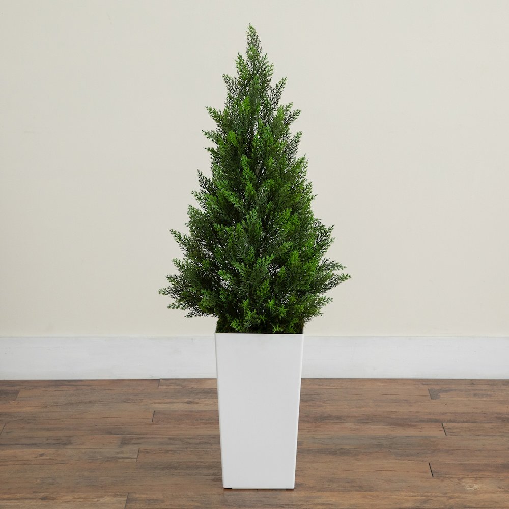45in. UV Resistant Artificial Cedar Tree in White Tower Planter (Indoor/Outdoor). Picture 3