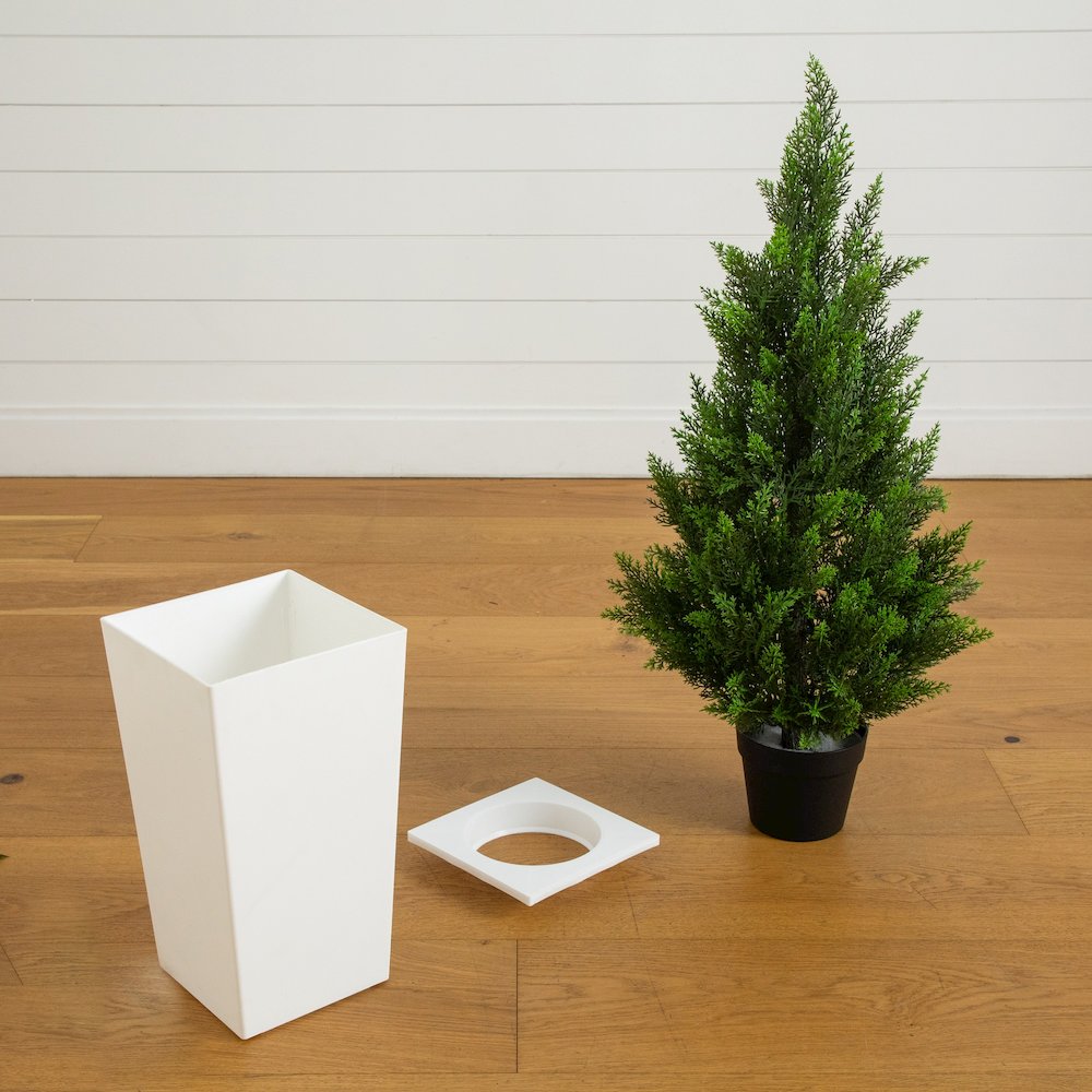 45in. UV Resistant Artificial Cedar Tree in White Tower Planter (Indoor/Outdoor). Picture 7