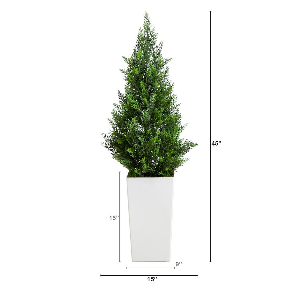 45in. UV Resistant Artificial Cedar Tree in White Tower Planter (Indoor/Outdoor). Picture 2