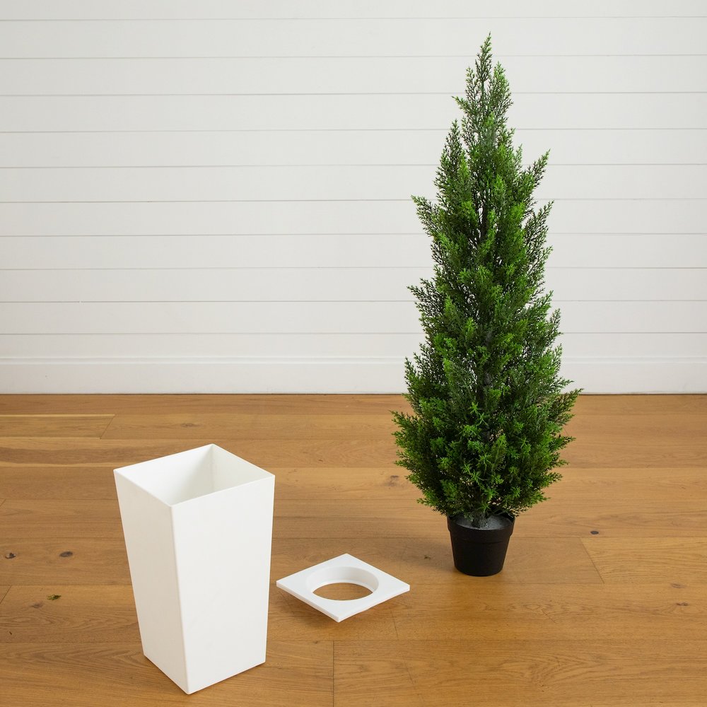 56in. UV Resistant Artificial Cedar Tree in White Tower Planter (Indoor/Outdoor). Picture 6