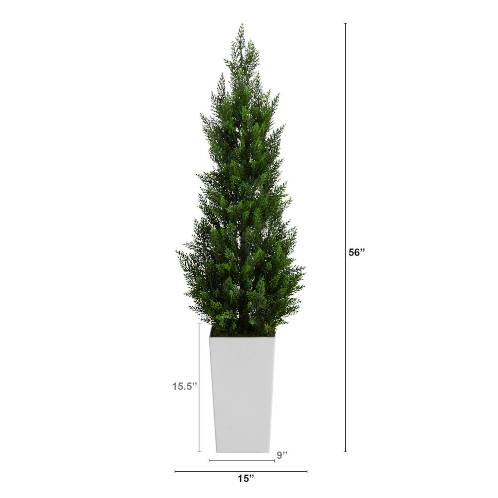 56in. UV Resistant Artificial Cedar Tree in White Tower Planter (Indoor/Outdoor). Picture 2