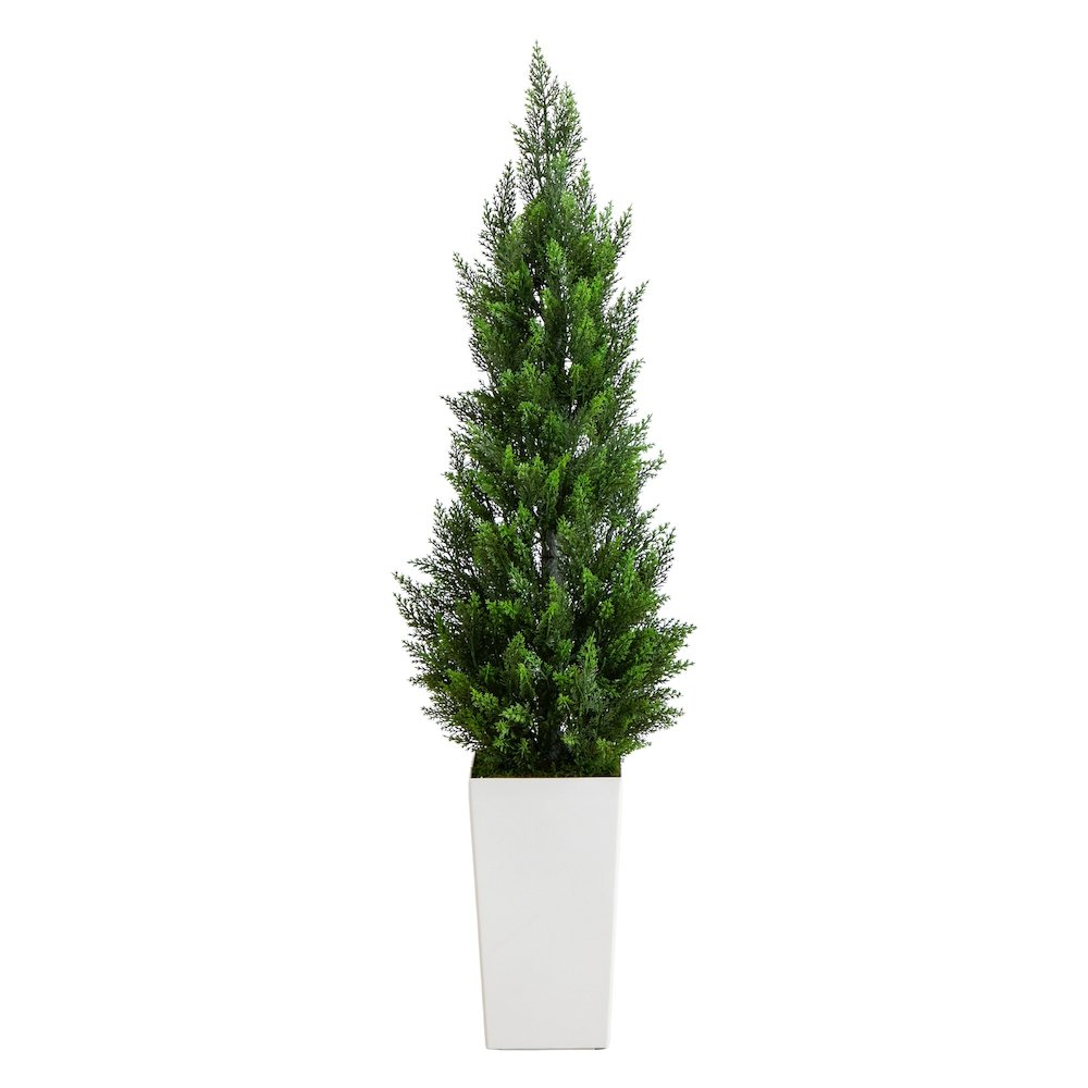 56in. UV Resistant Artificial Cedar Tree in White Tower Planter (Indoor/Outdoor). Picture 1