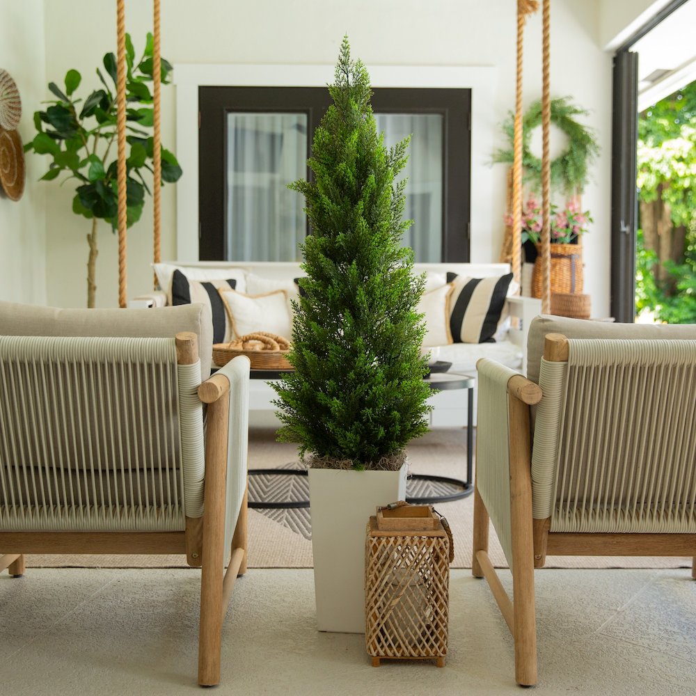 56in. UV Resistant Artificial Cedar Tree in White Tower Planter (Indoor/Outdoor). Picture 11