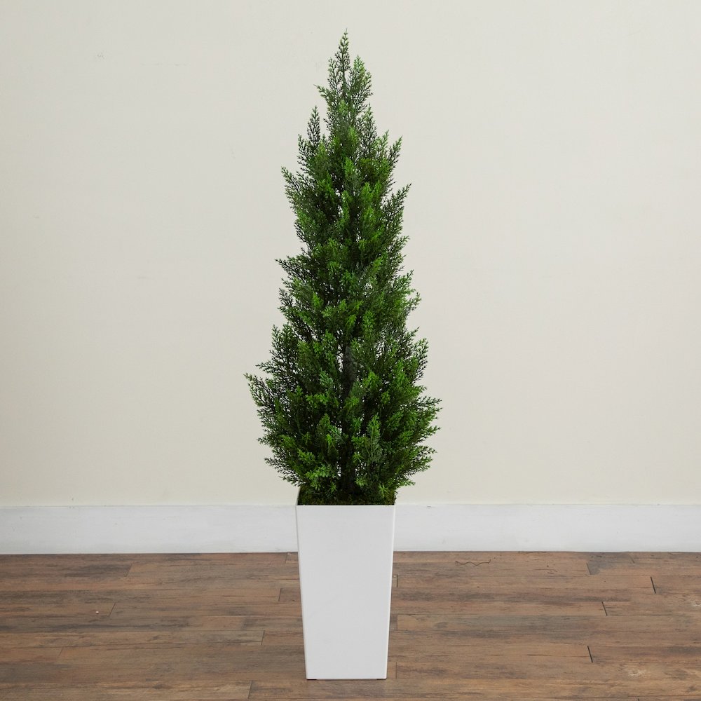 56in. UV Resistant Artificial Cedar Tree in White Tower Planter (Indoor/Outdoor). Picture 3
