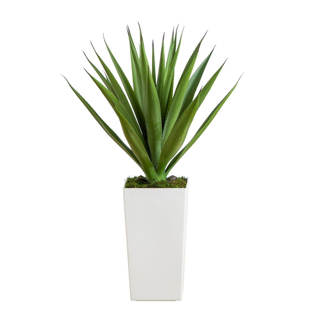 37in. UV Resistant Agave Plant in White Tower Planter (Indoor/Outdoor). Picture 1