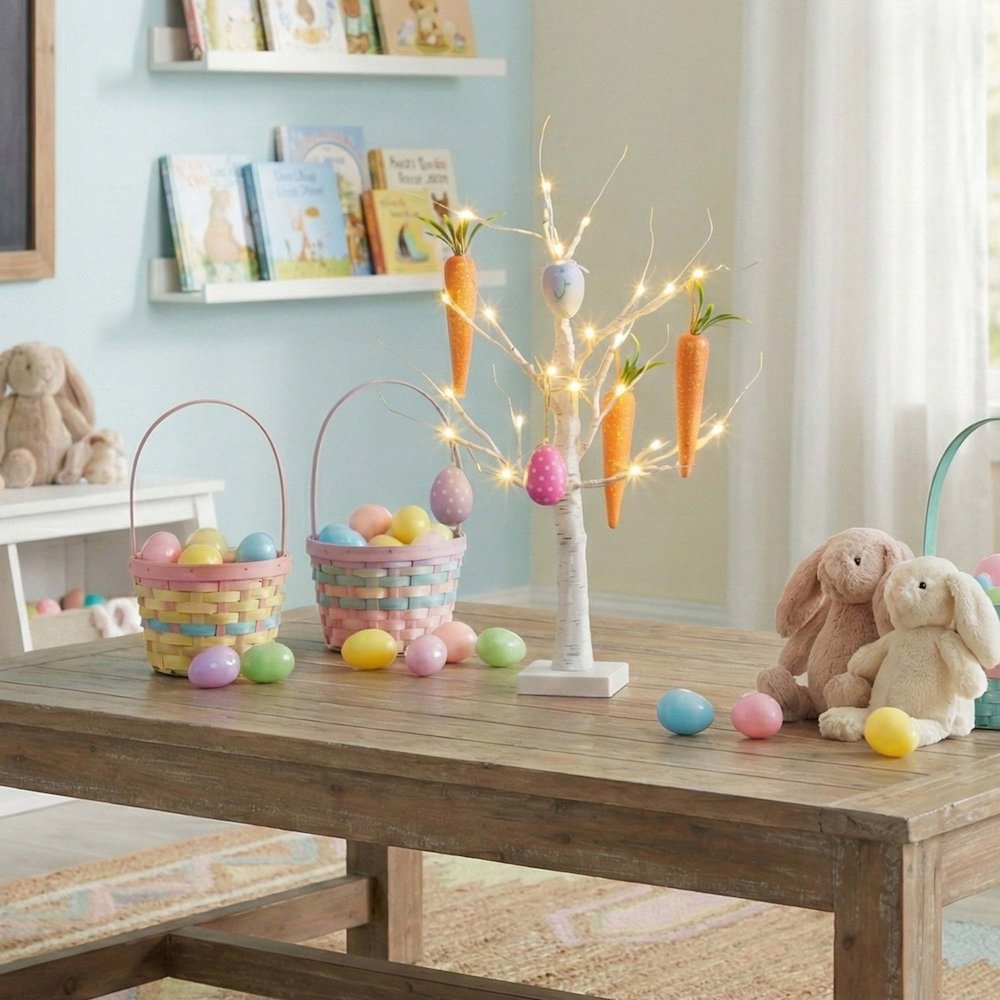 2ft. Pre-Lit Easter Egg and Carrots Ornament Twig Tree with 24 Warm LED Lights. Picture 8