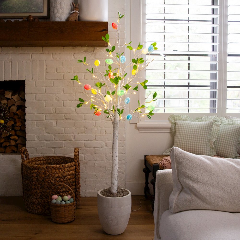 5ft. Pre-Lit Artificial Blooming Easter Egg Twig Tree with 72 Warm LED Lights. Picture 9