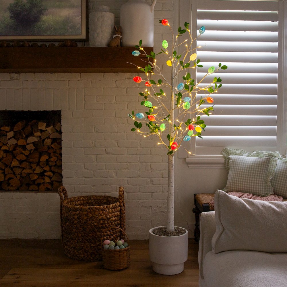 6ft. Pre-Lit Artificial Blooming Easter Egg Twig Tree with 96 Warm LED Lights. Picture 9
