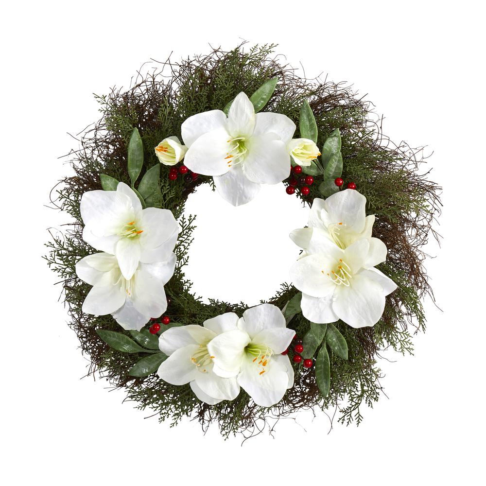 20in. Cedar, Amaryllis and Ruscus with Berries Artificial Wreath. Picture 1