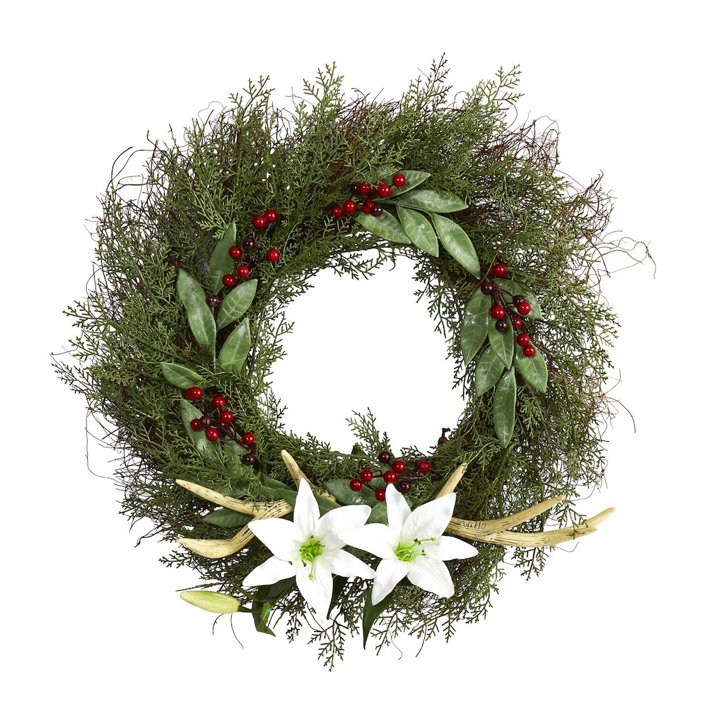 20in. Cedar, Antlers, Lily and Ruscus with Berries Artificial Wreath. Picture 1