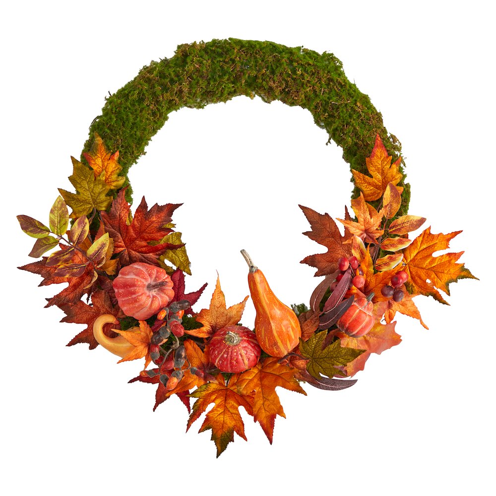 20in. Autumn Pumpkin, Gourd and Fall Maple Leaf Artificial Wreath. Picture 1