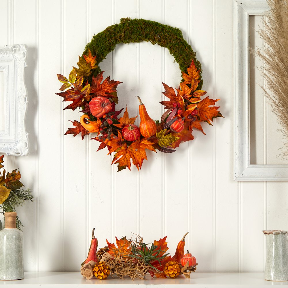 20in. Autumn Pumpkin, Gourd and Fall Maple Leaf Artificial Wreath. Picture 3