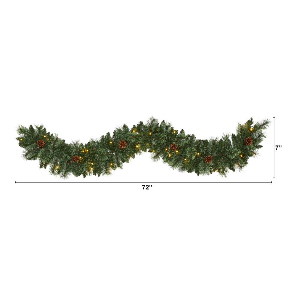 6ft. White Mountain Pine Artificial Garland with 35 White Warm LED Lights and Pinecones. Picture 1